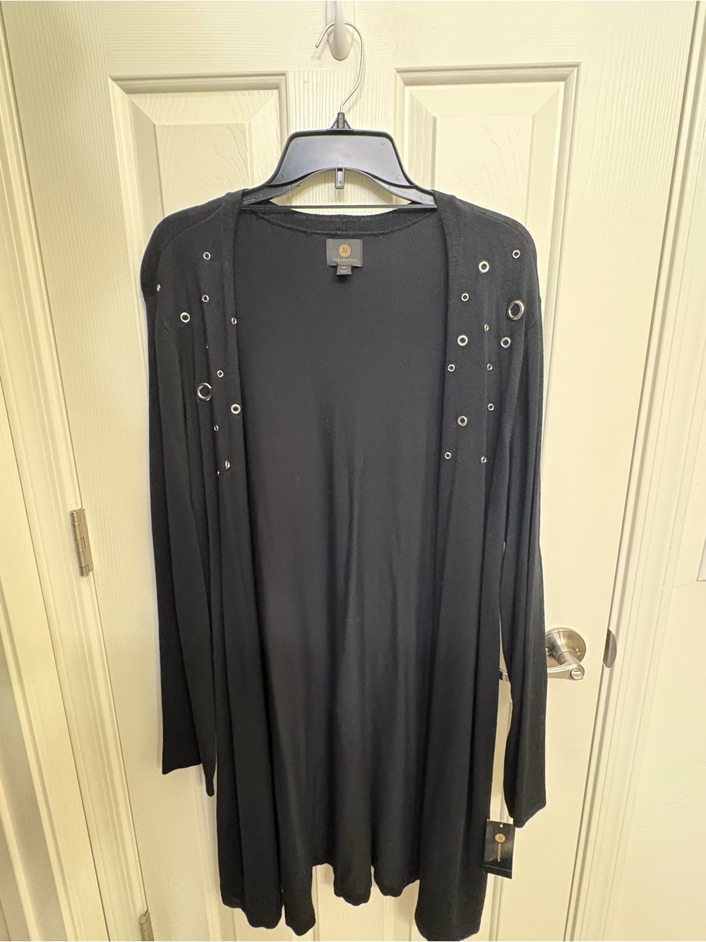 JM Collection Black Open-Front Cardigan with Eyelet Accents
